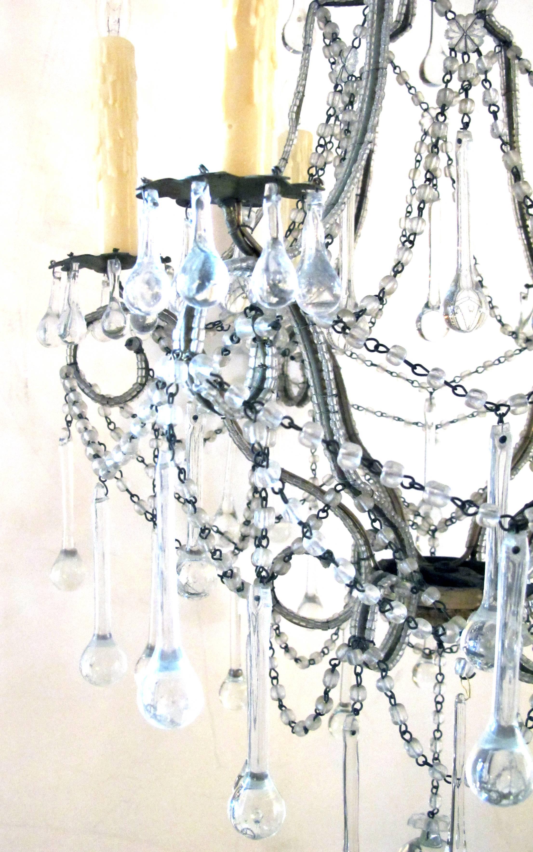 Mid-20th Century Elegant and Graceful Italian 1960s Cage-Frame Beaded Six-Light Chandeliers, Pair