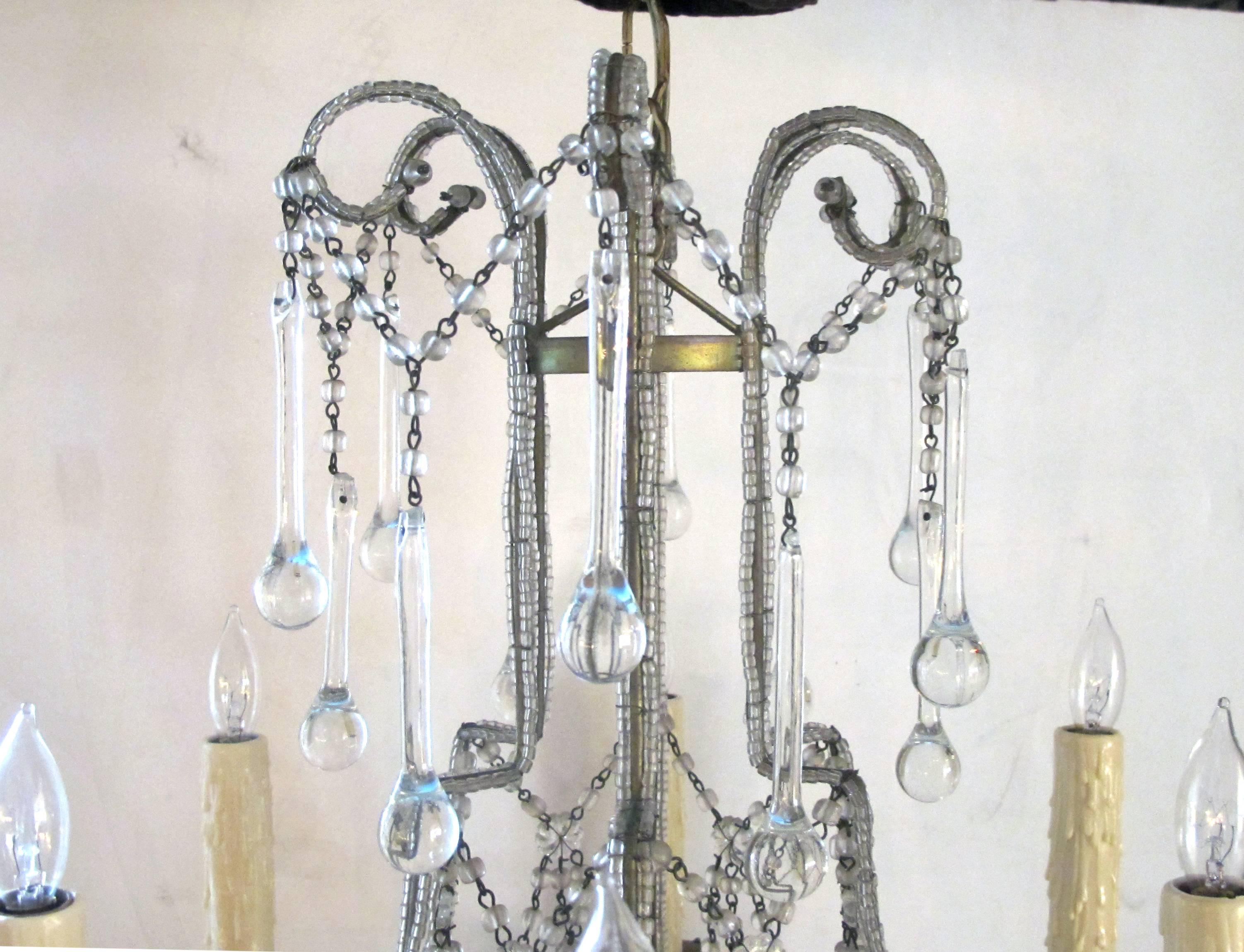 Elegant and Graceful Italian 1960s Cage-Frame Beaded Six-Light Chandeliers, Pair 1