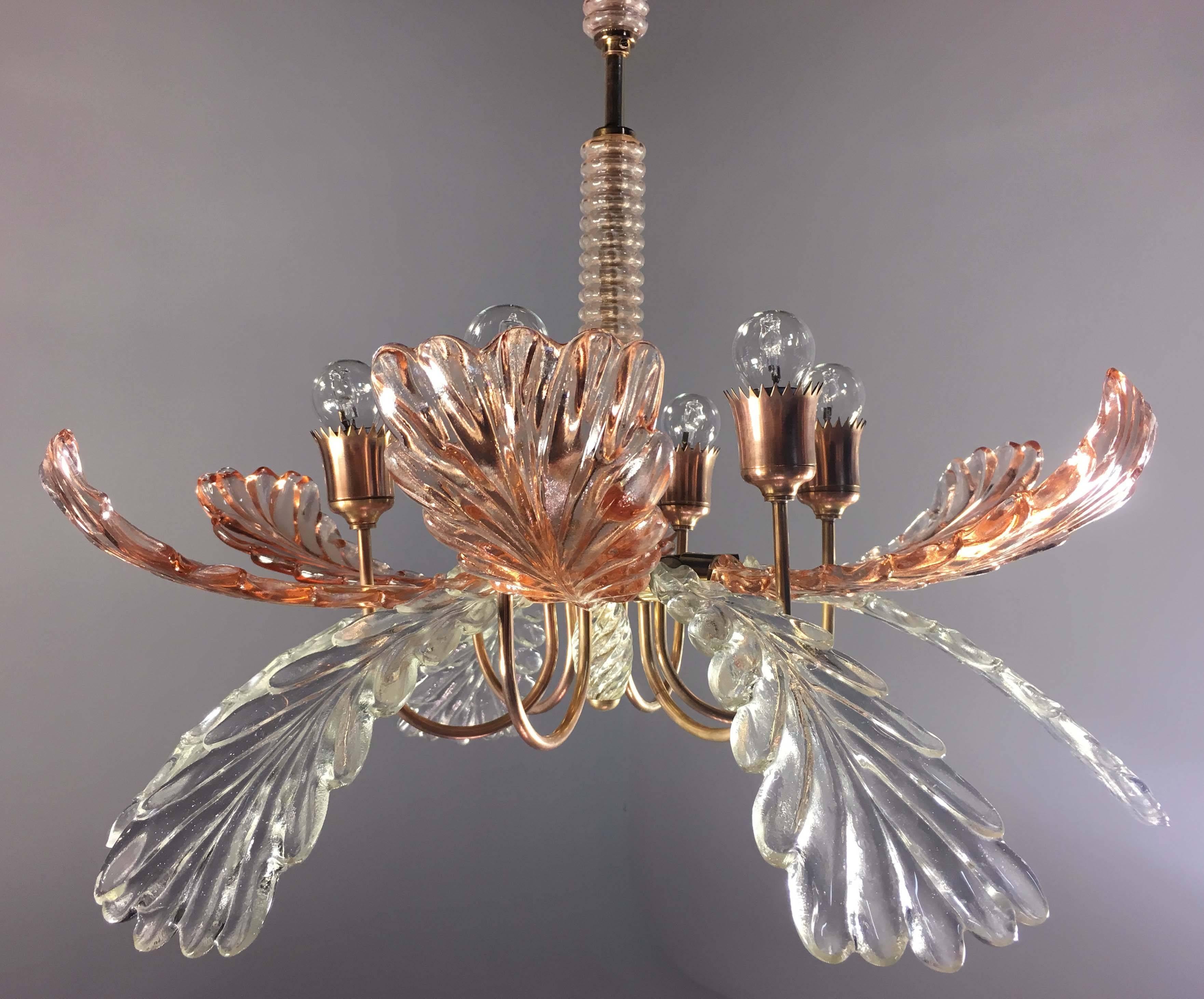 Brass Elegant and Rare Chandelier by Barovier & Toso, Murano, 1940s For Sale