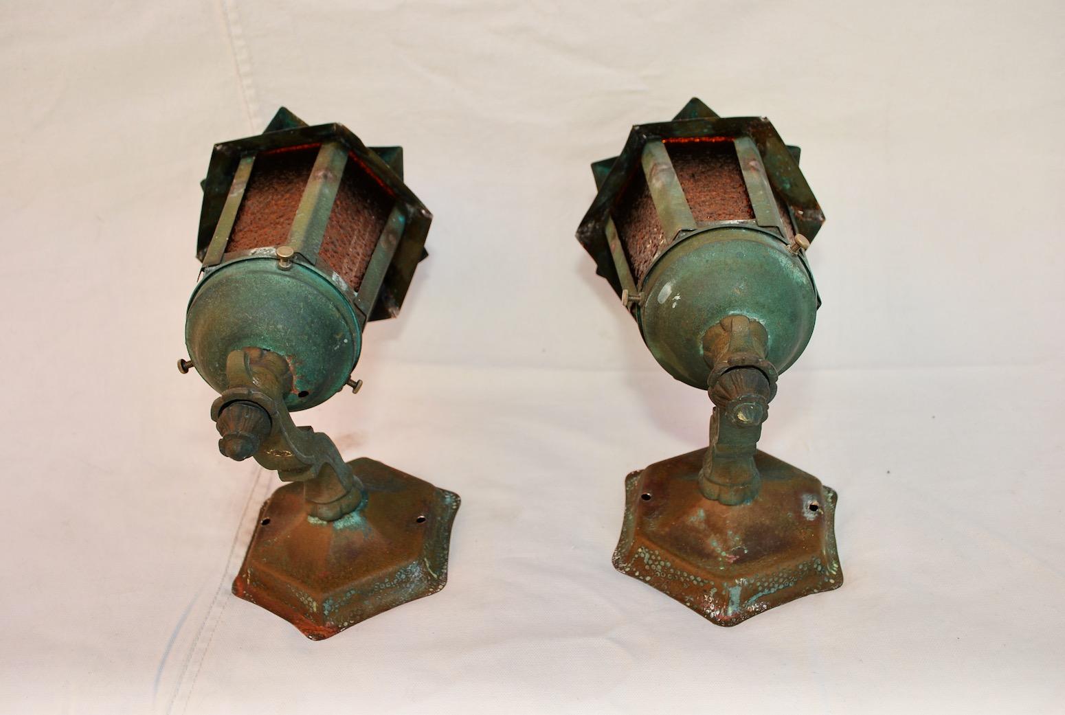 Elegant and Rare Pair of 1920s Copper Outdoor Sconces In Good Condition In Los Angeles, CA