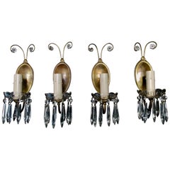 Elegant and Whimsical Set of Four 1920s Brass and Crystal Sconces