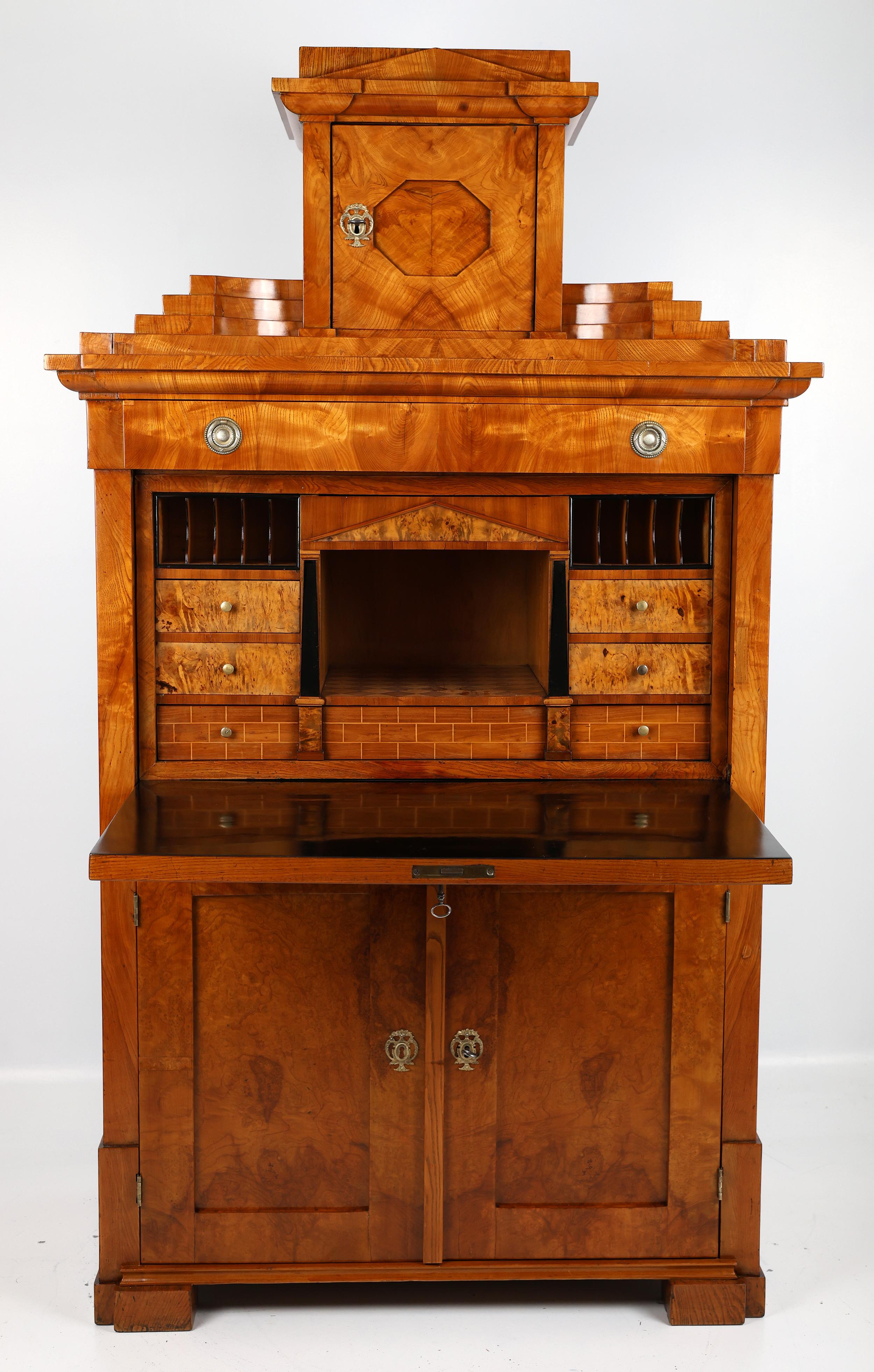 Polished Elegant Antique Ash Veneer Secretary Desk For Sale