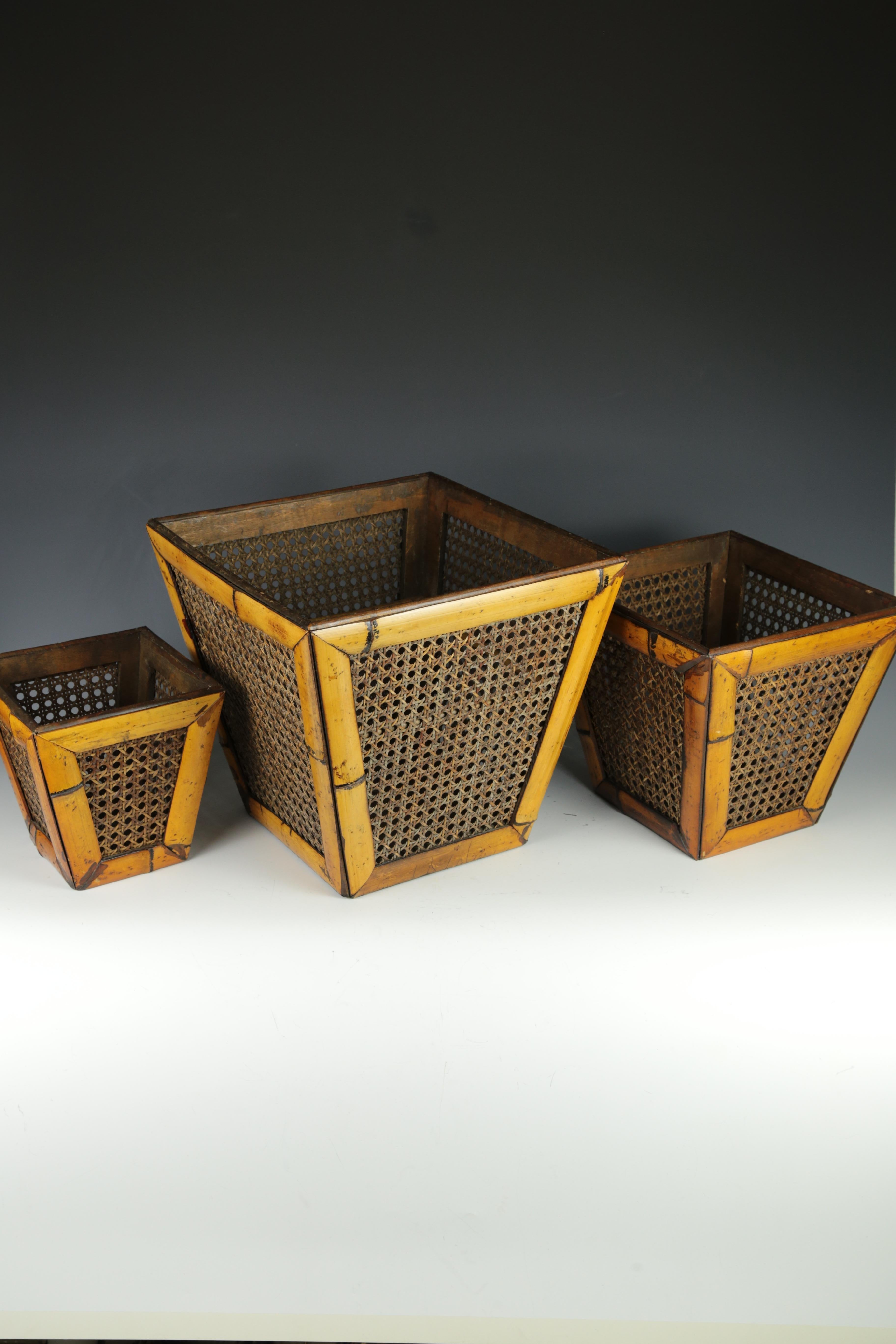 Elegantes Maceteros Antiguos de Bambú y Caña (Set de 3) en venta 5