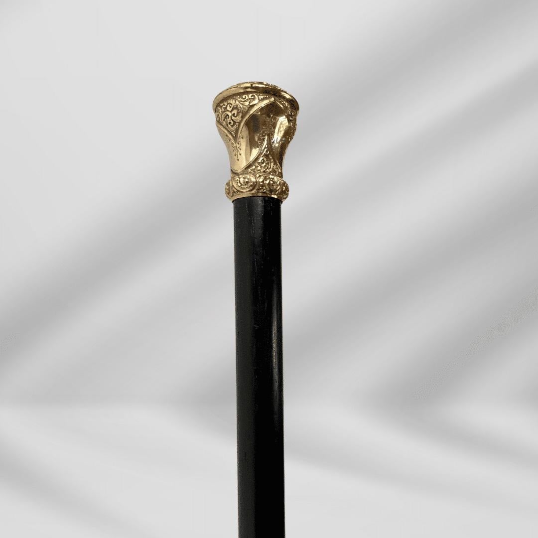 Black Elegant Antique Carved Gold Plate Knob Handle  Skinner Hallifax Walking Stick For Sale