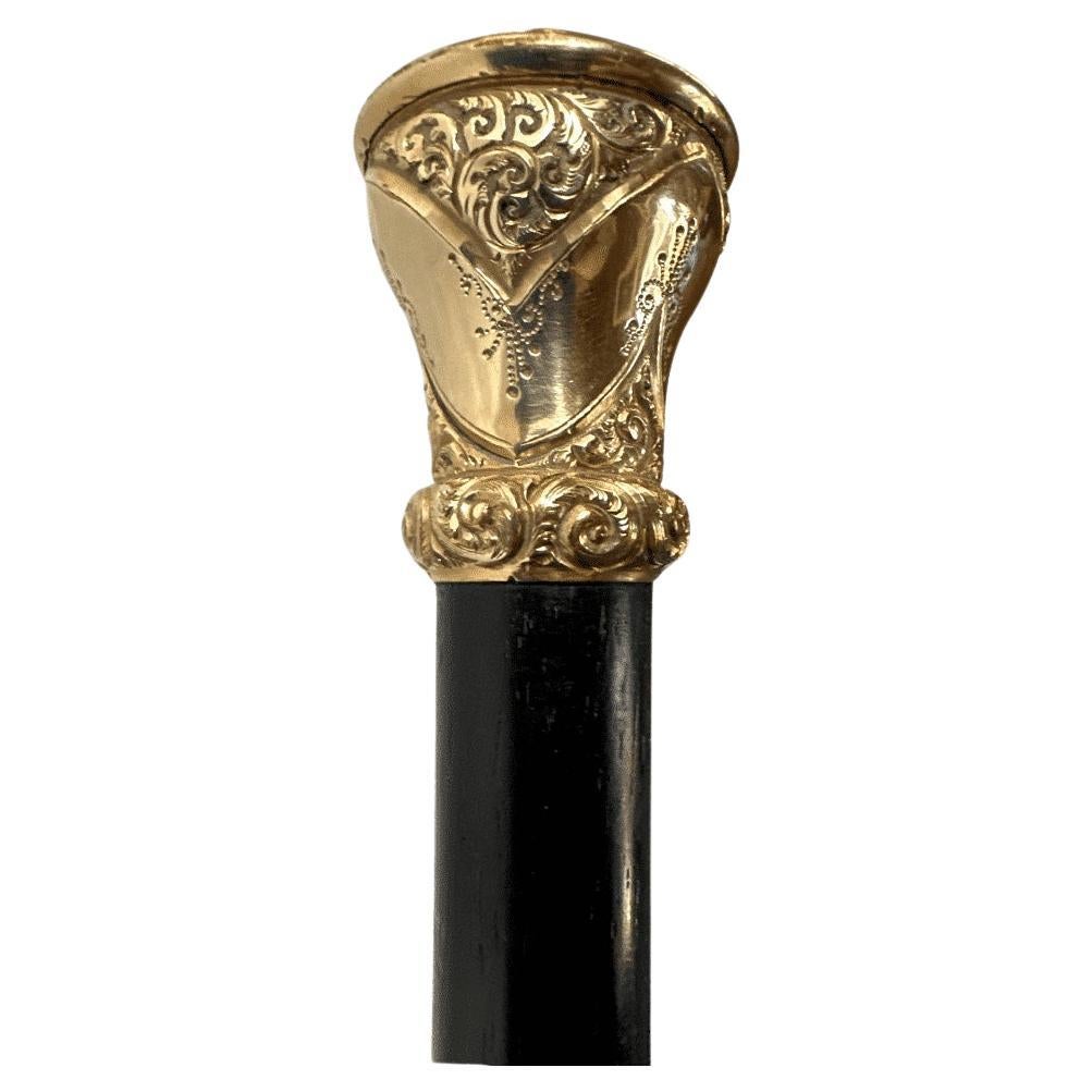 Elegant Antique Carved Gold Plate Knob Handle  Skinner Hallifax Walking Stick