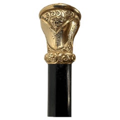 Elegant Antique Carved Gold Plate Knob Handle  Skinner Hallifax Walking Stick