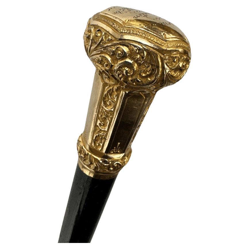 Elegant Antique Carved Gold Plate Knob Handle Unique Hallifax Walking Stick Cane