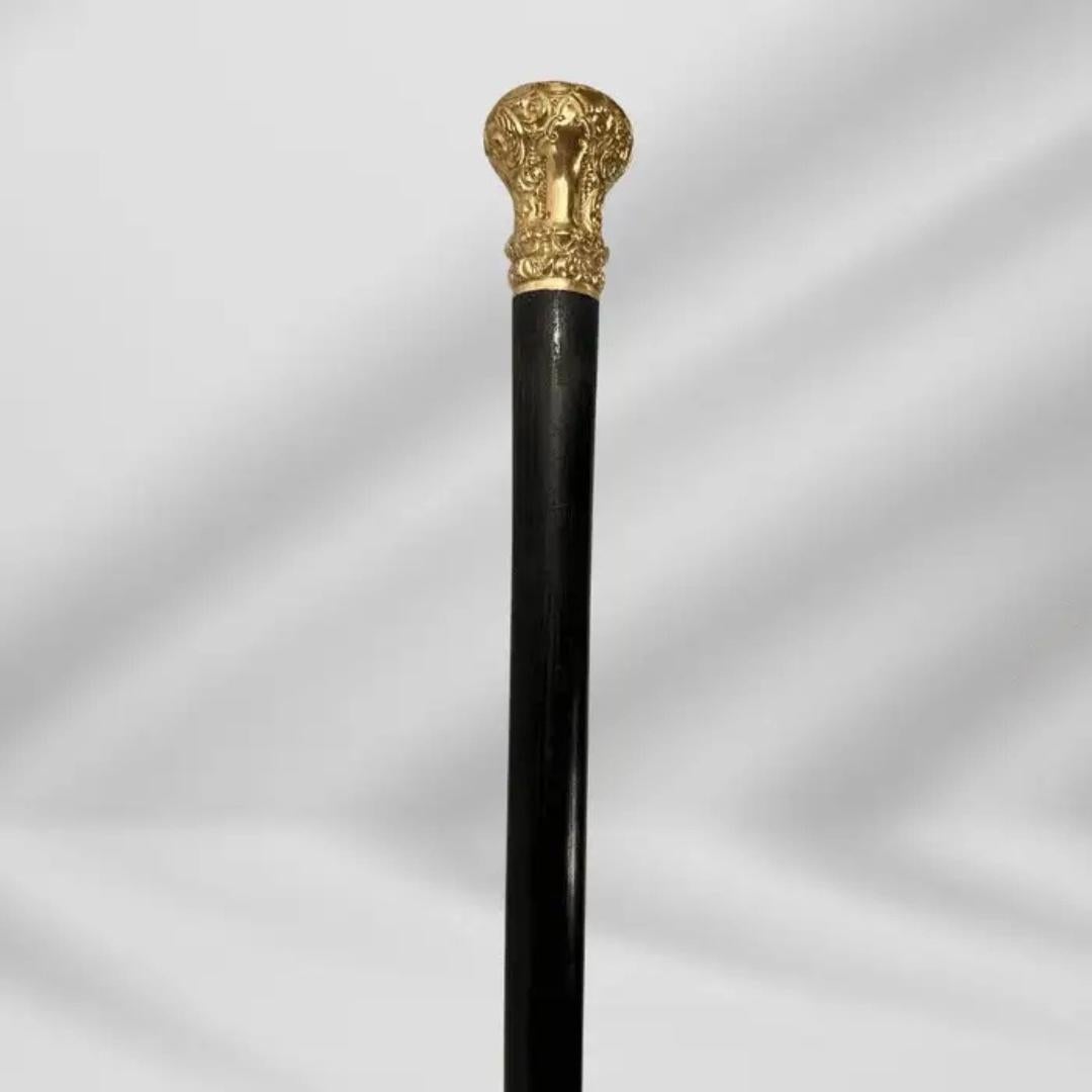 Elegant Antique Carved Gold Plate Knob Handle Unique Walking Stick Cane Black For Sale 7