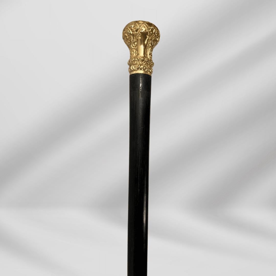 Gray Elegant Antique Carved Gold Plate Knob Handle Unique Walking Stick Cane Black For Sale
