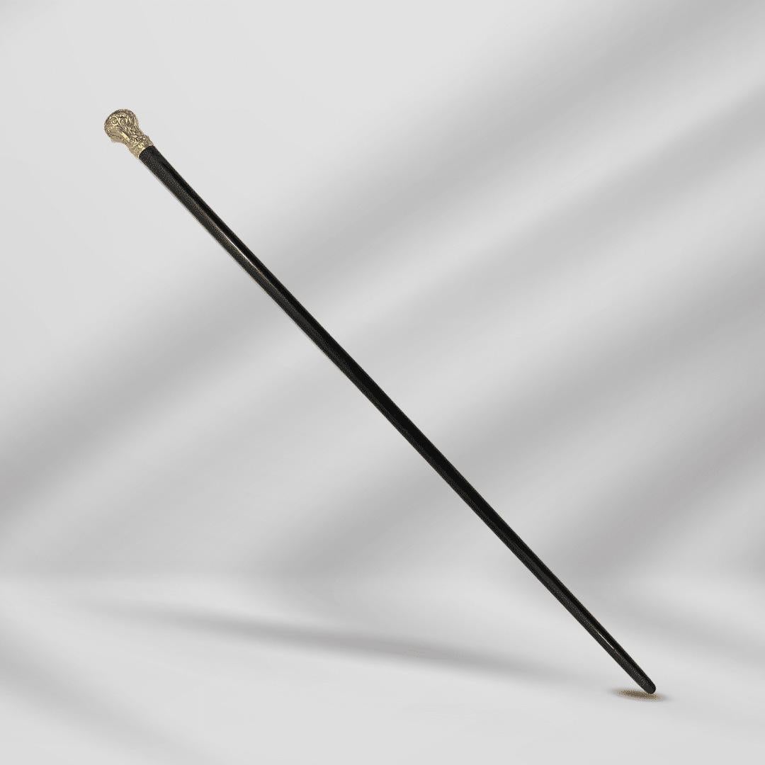 Women's or Men's Elegant Antique Carved Gold Plate Knob Handle Unique Walking Stick Cane Black For Sale