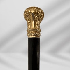 Elegant Antique Carved Gold Plate Knob Handle Unique Walking Stick Cane Black