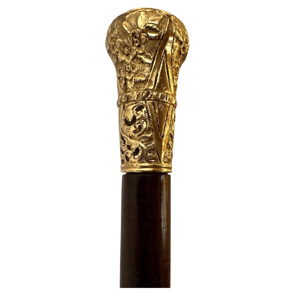 Elegant Antique Carved Gold Plate Knob Handle Unique Walking Stick Cane Brown