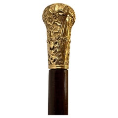Elegant Vintage Carved Gold Plate Knob Handle Unique Walking Stick Cane Brown