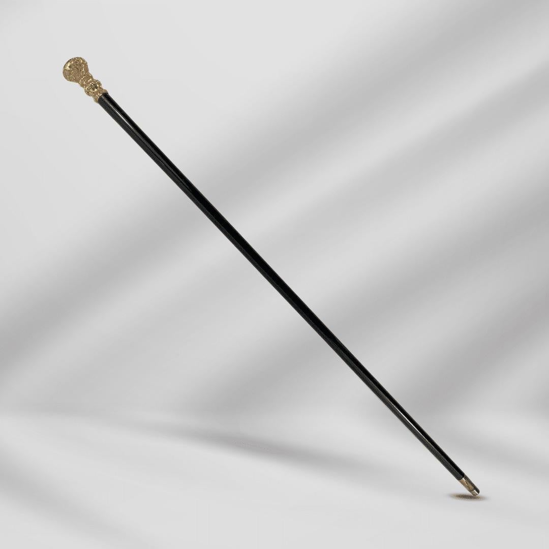 Elegant Antique Carved Gold Plate Knob Handle Walking Stick Cane Black For Sale 1