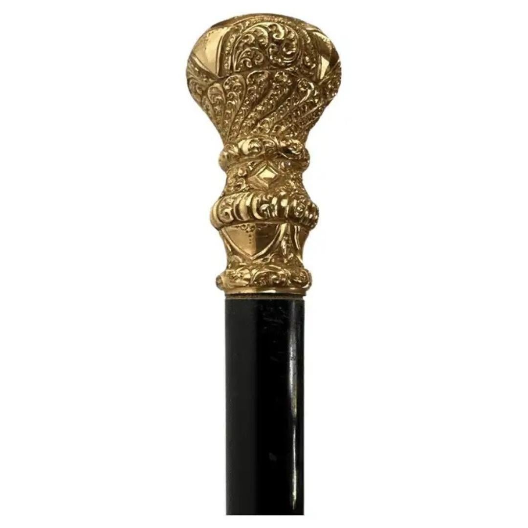Elegant Antique Carved Gold Plate Knob Handle Walking Stick Cane Black For Sale 2