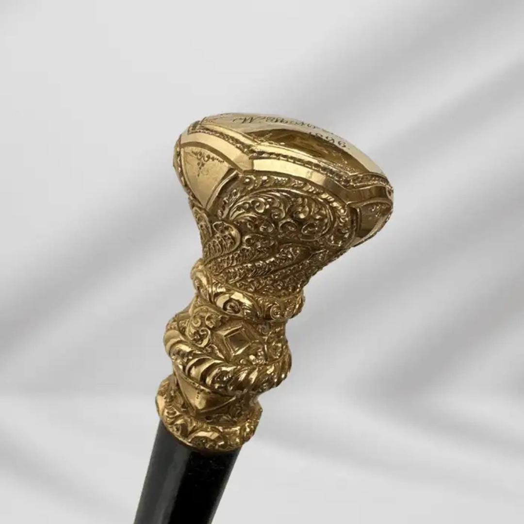Elegant Antique Carved Gold Plate Knob Handle Walking Stick Cane Black For Sale 3