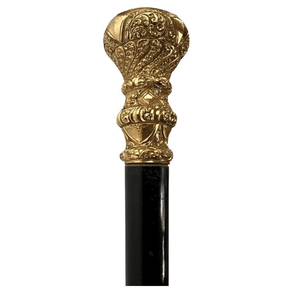 Elegant Antique Carved Gold Plate Knob Handle Walking Stick Cane Black For Sale