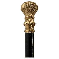 Elegant Antique Carved Gold Plate Knob Handle Walking Stick Cane Black