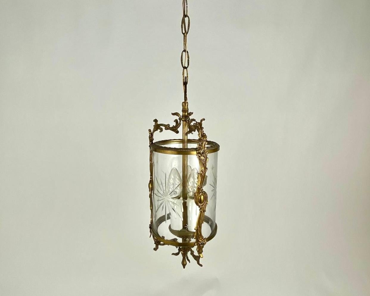 French Elegant Antique Ceiling Lantern In Glass and Gilt Brass, France For Sale