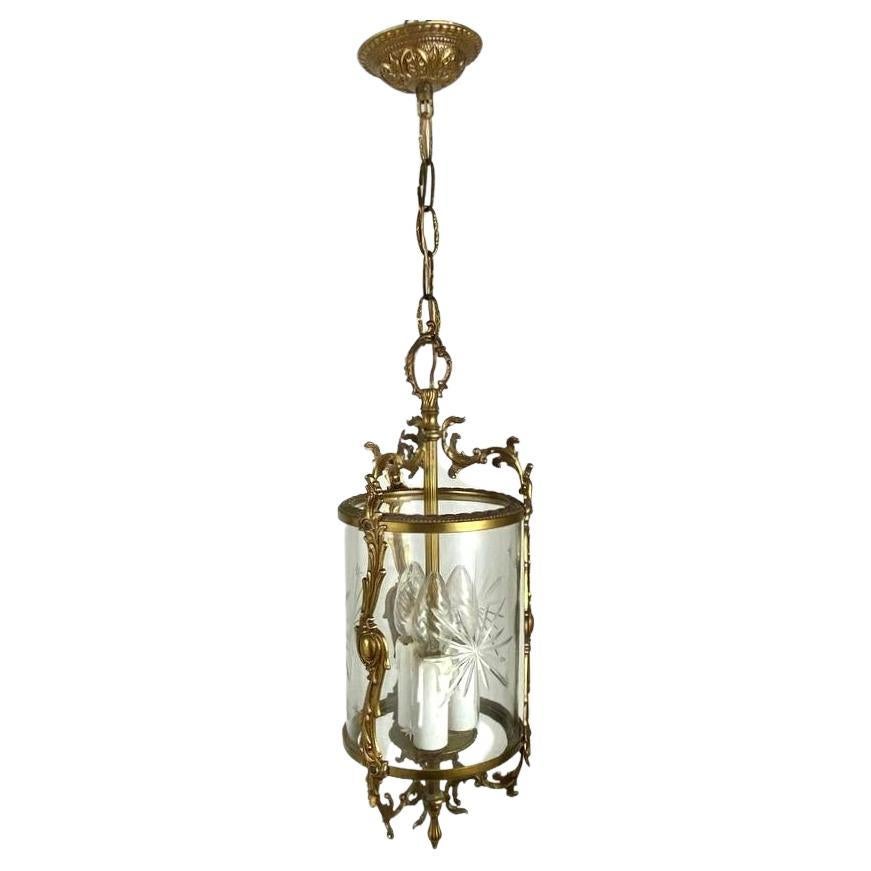 Elegant Antique Ceiling Lantern In Glass and Gilt Brass, France For Sale