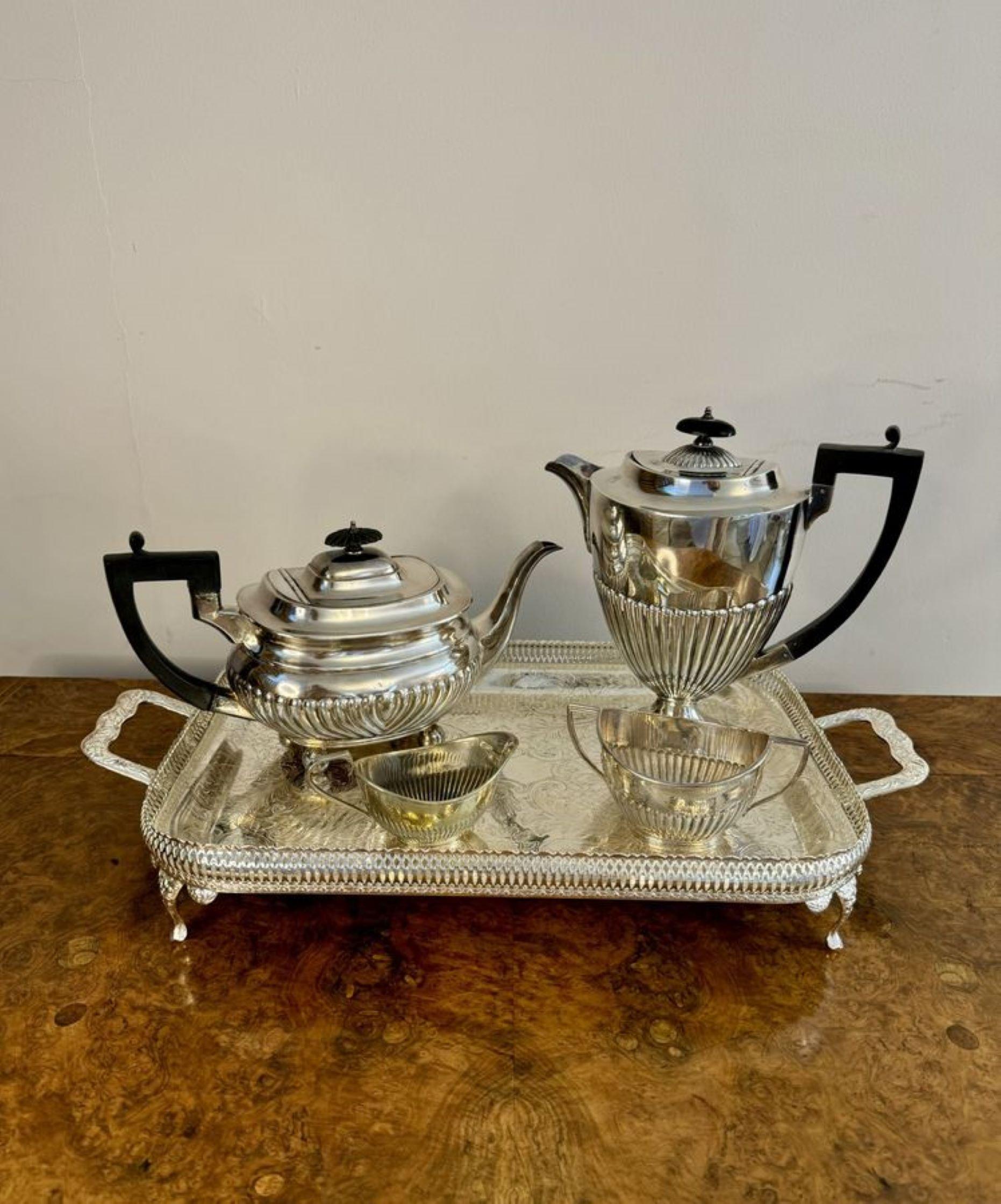 Elegant antique Edwardian quality silver plated four piece tea set and tray For Sale 4