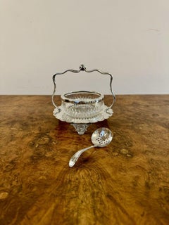 Elegant antique Edwardian silver plated jam pot and spoon