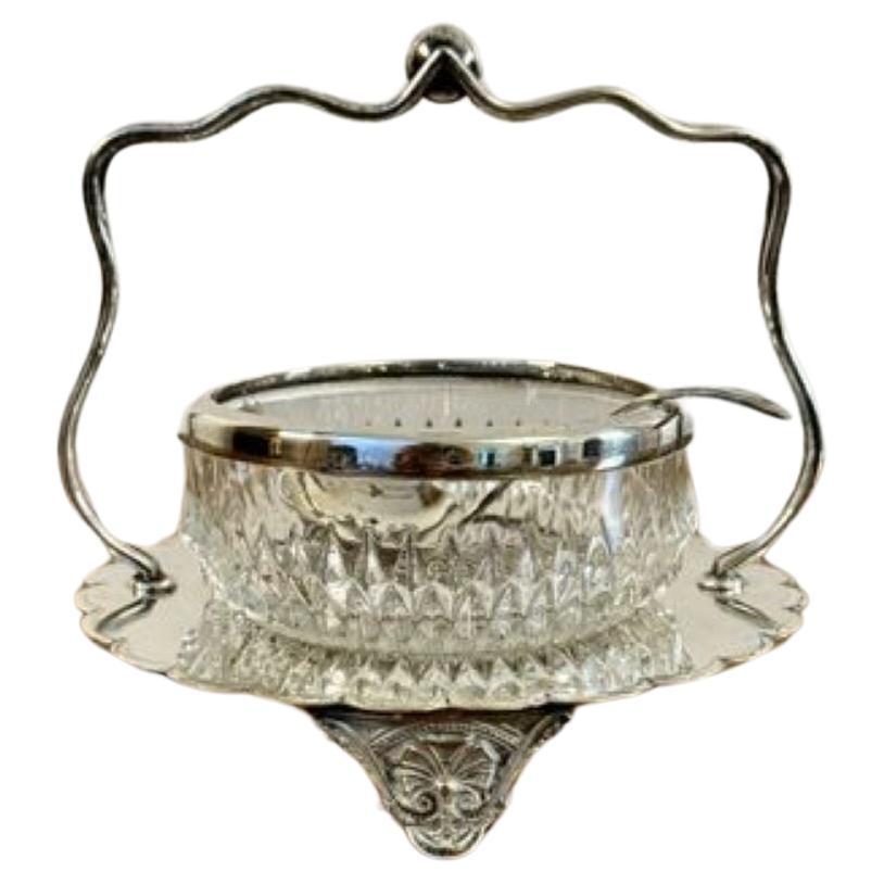 Elegant antique Edwardian silver plated jam pot and spoon  For Sale