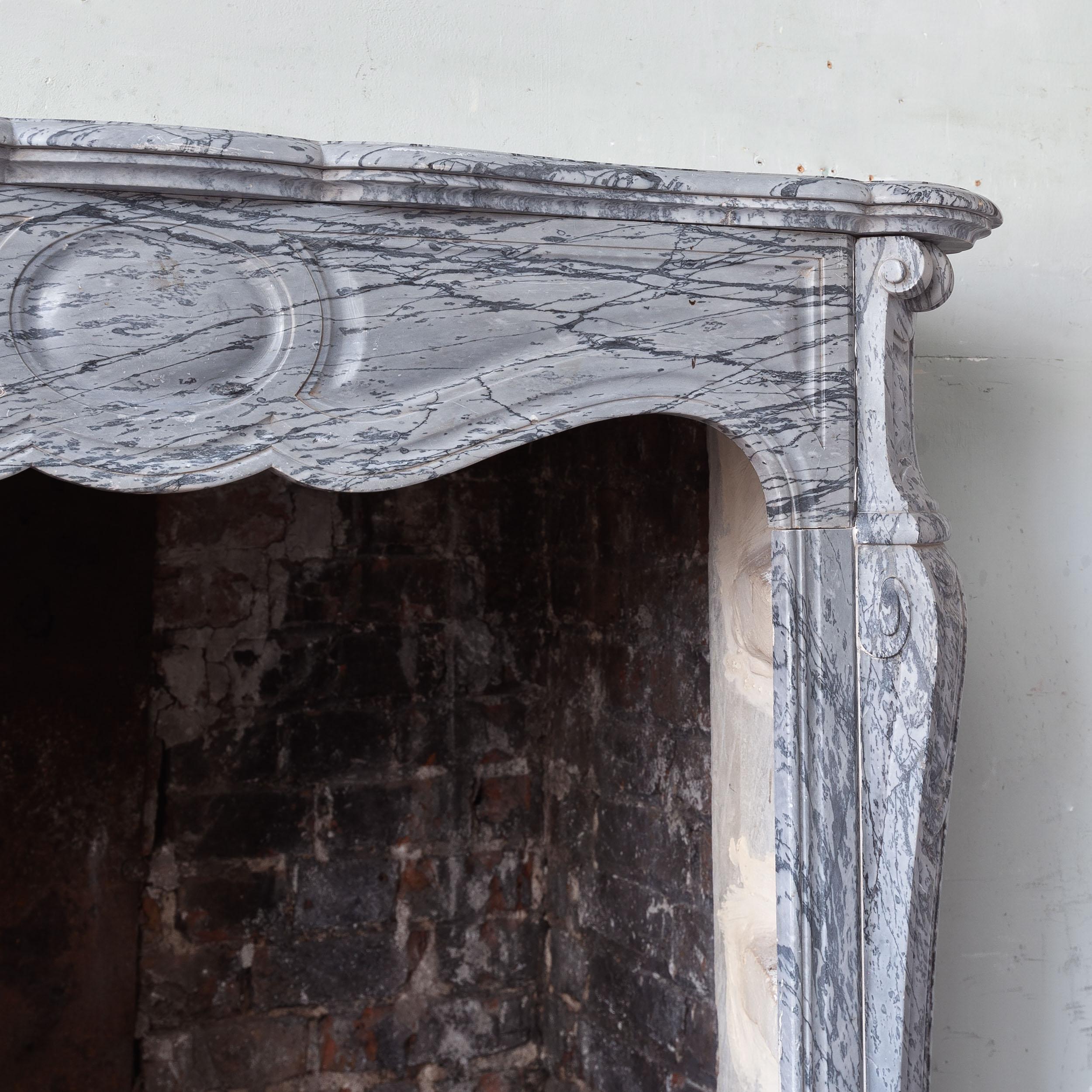 Elegant Antique French Bardiglio Marble Pompadour Fireplace For Sale 6