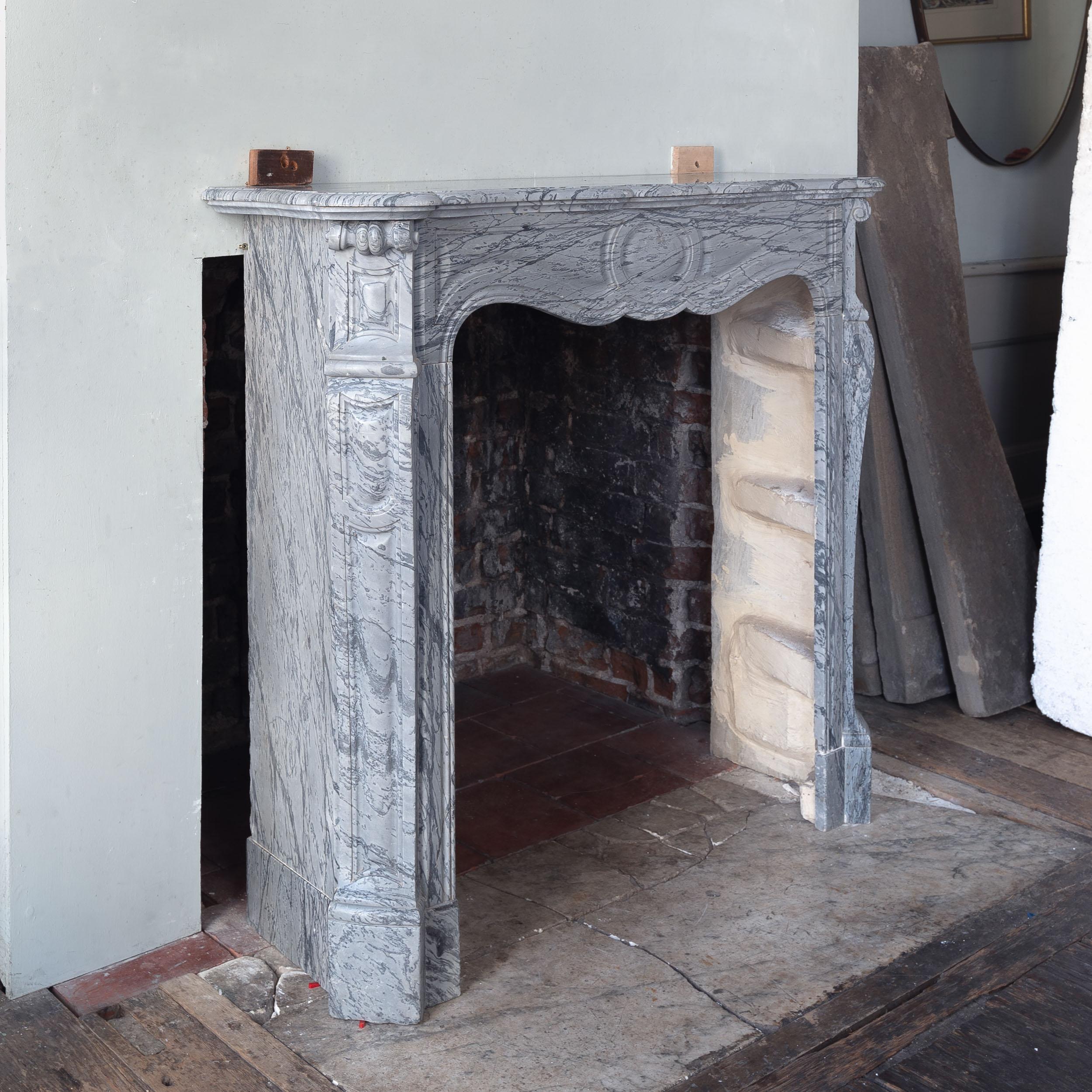 Louis XV Elegant Antique French Bardiglio Marble Pompadour Fireplace For Sale
