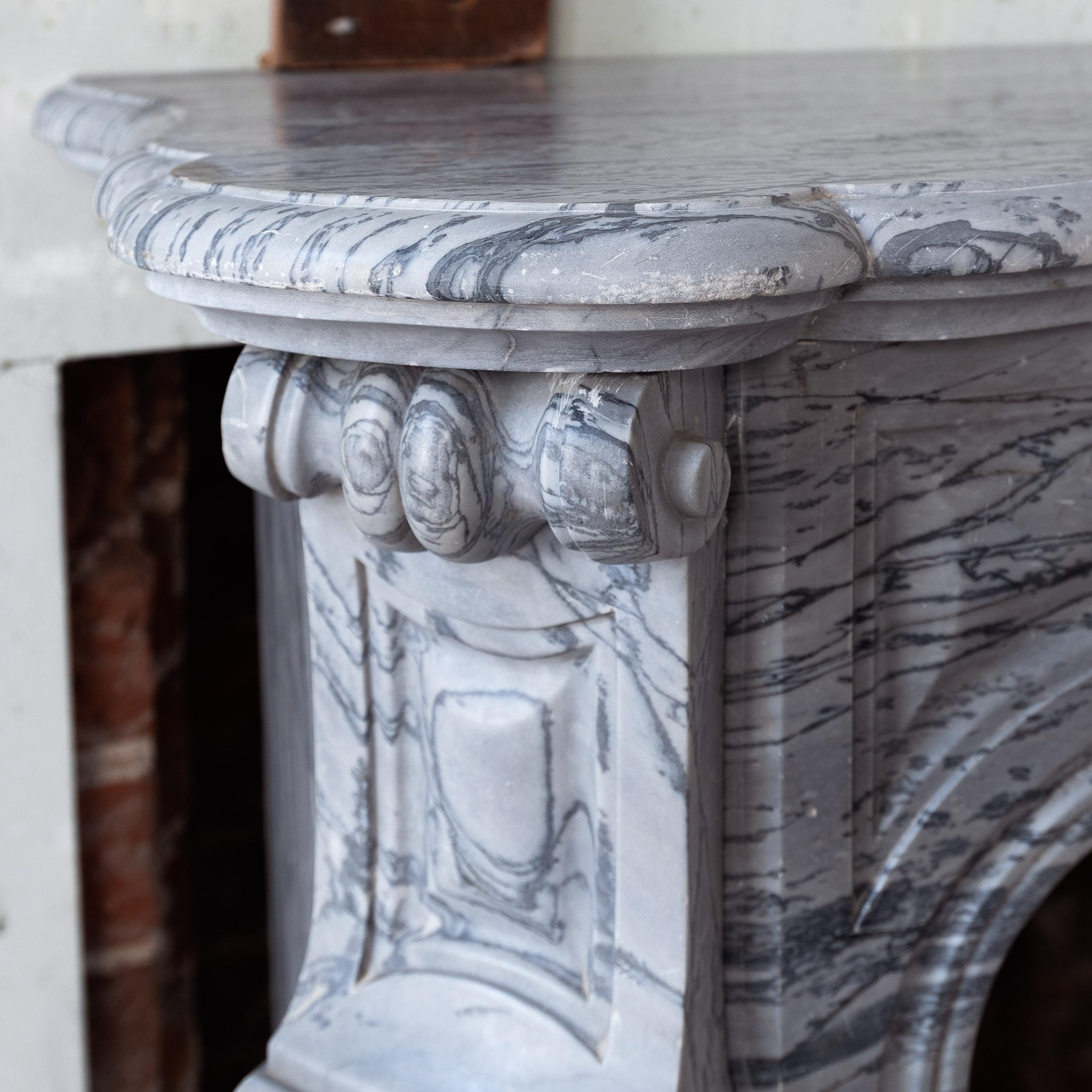 19th Century Elegant Antique French Bardiglio Marble Pompadour Fireplace For Sale