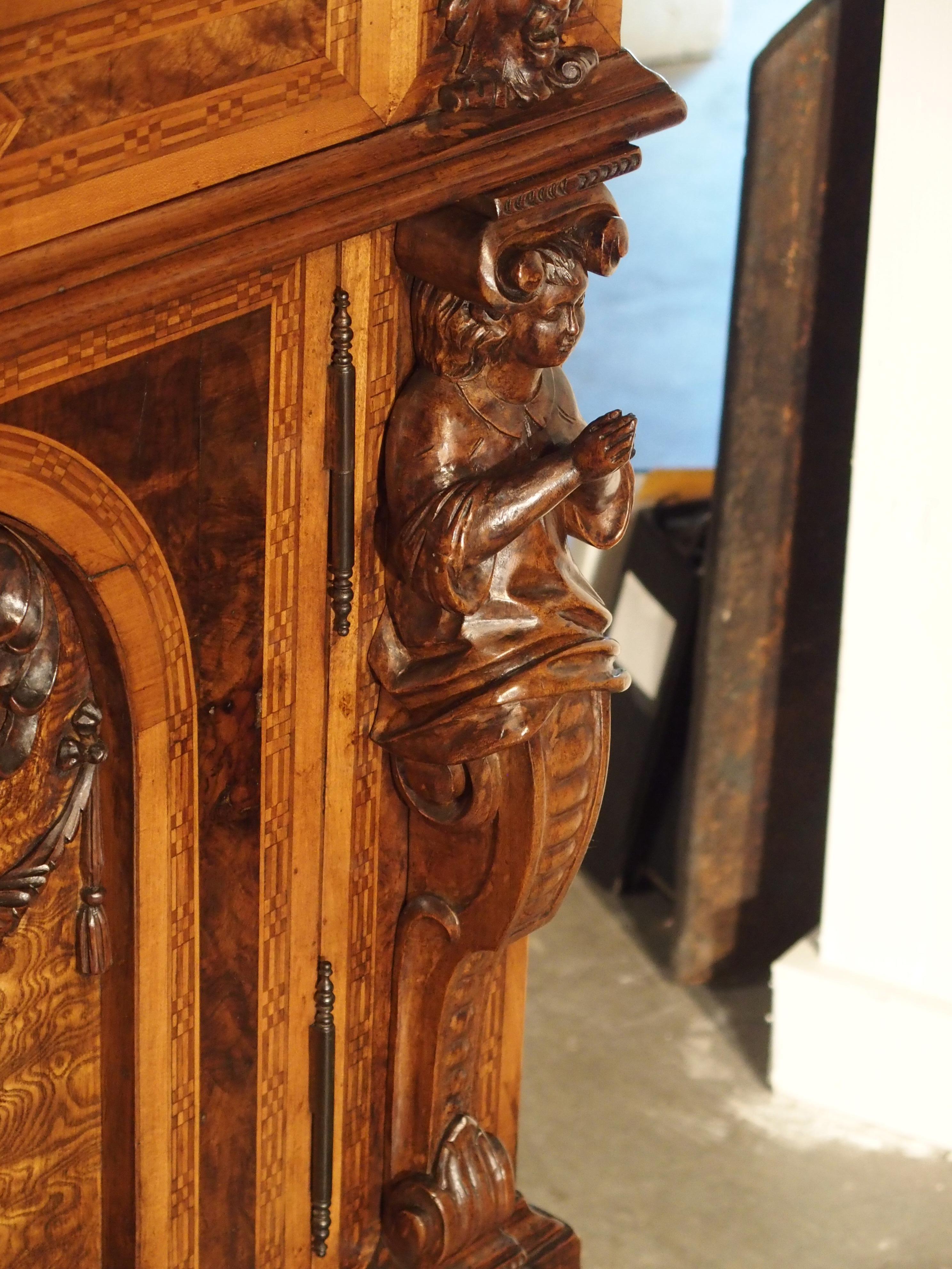 Hand-Carved Elegant Antique French Parquetry Buffet in the Renaissance Style, Late 1800s
