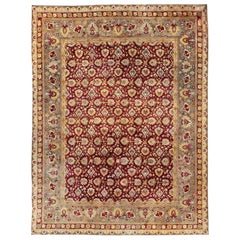 Ancien tapis indien Agra noué à la main, fond rouge marron et bordure grise et verte