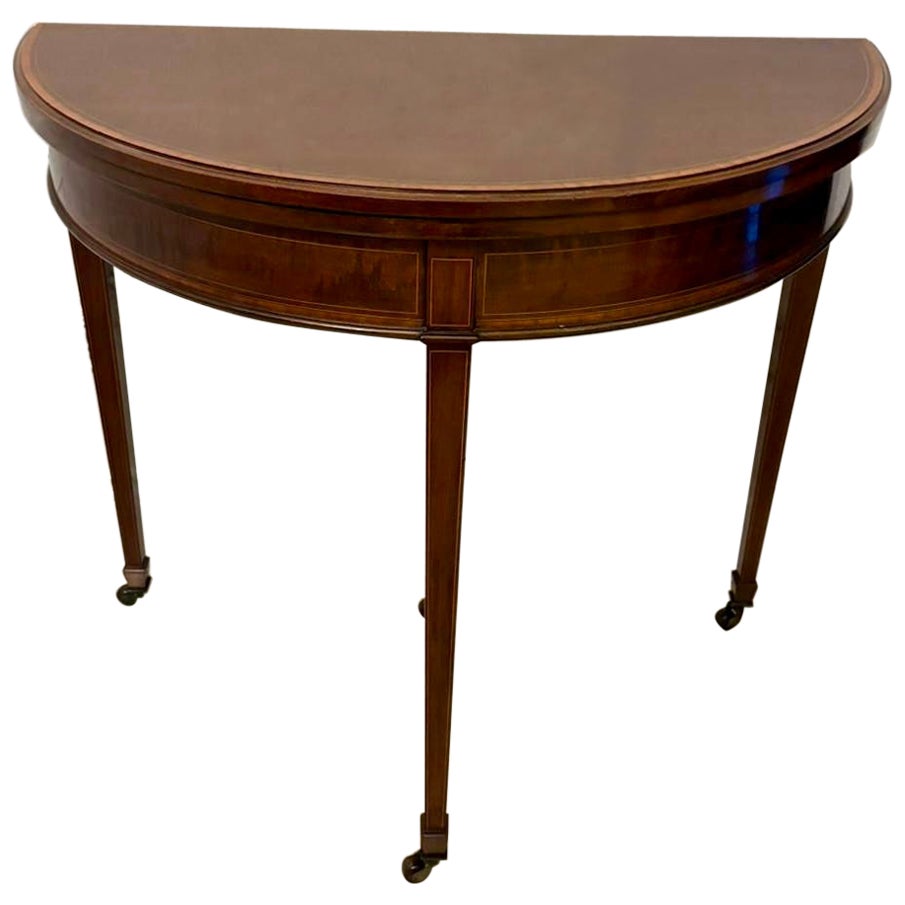 Elegant Antique Mahogany and Satinwood Inlaid Demi-Lune Card/Console Table