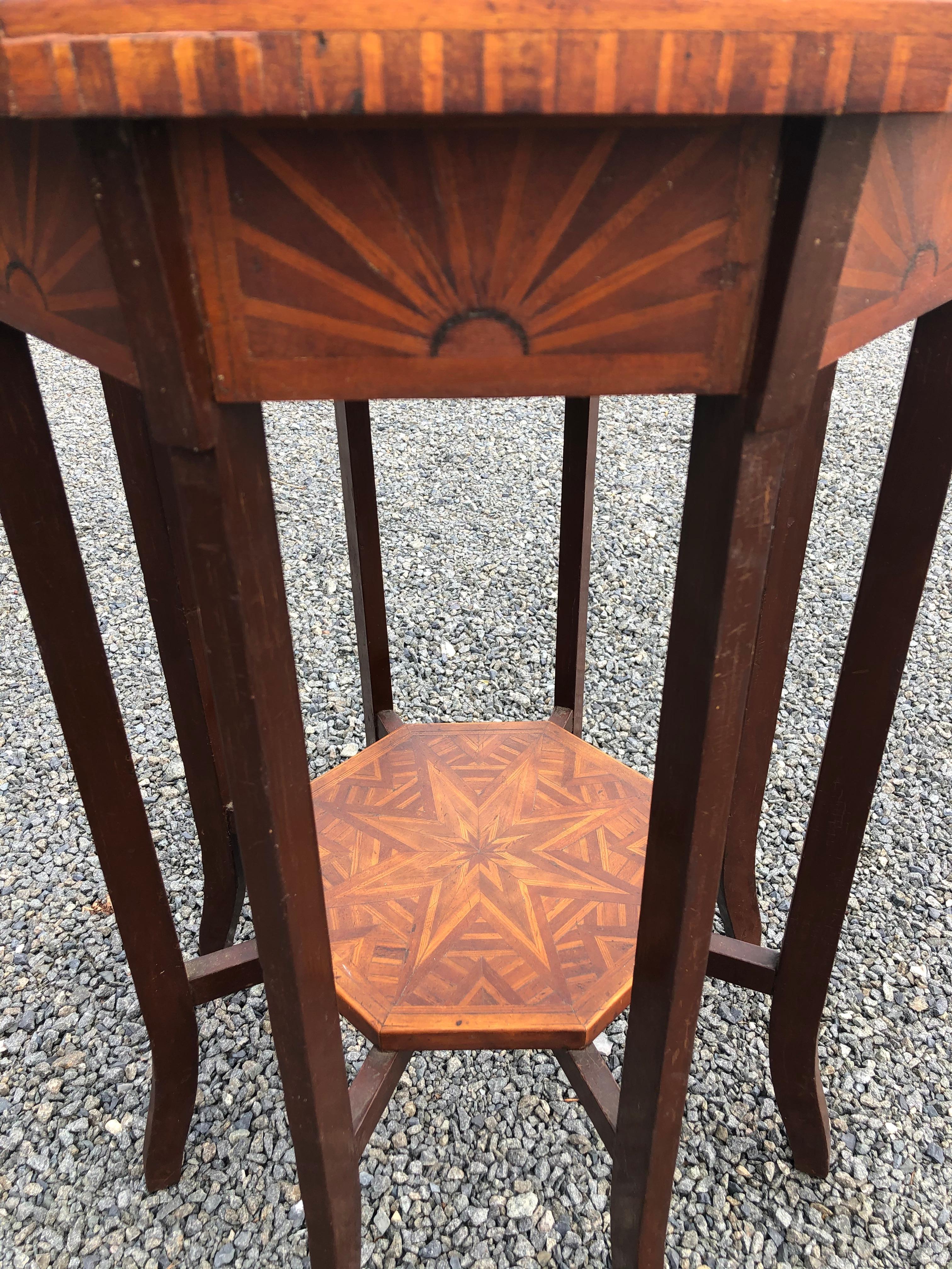 Mahogany Elegant Antique Octagonal Side End Table with Inlaid Starburst Design