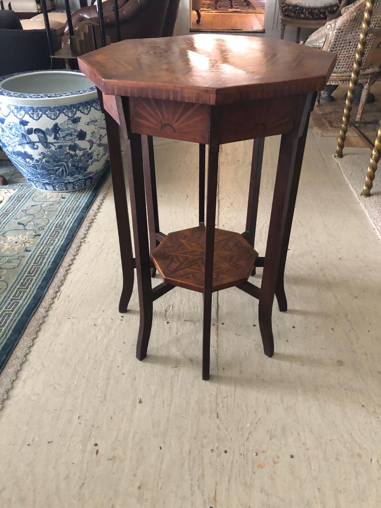 Elegant Antique Octagonal Side End Table with Inlaid Starburst Design