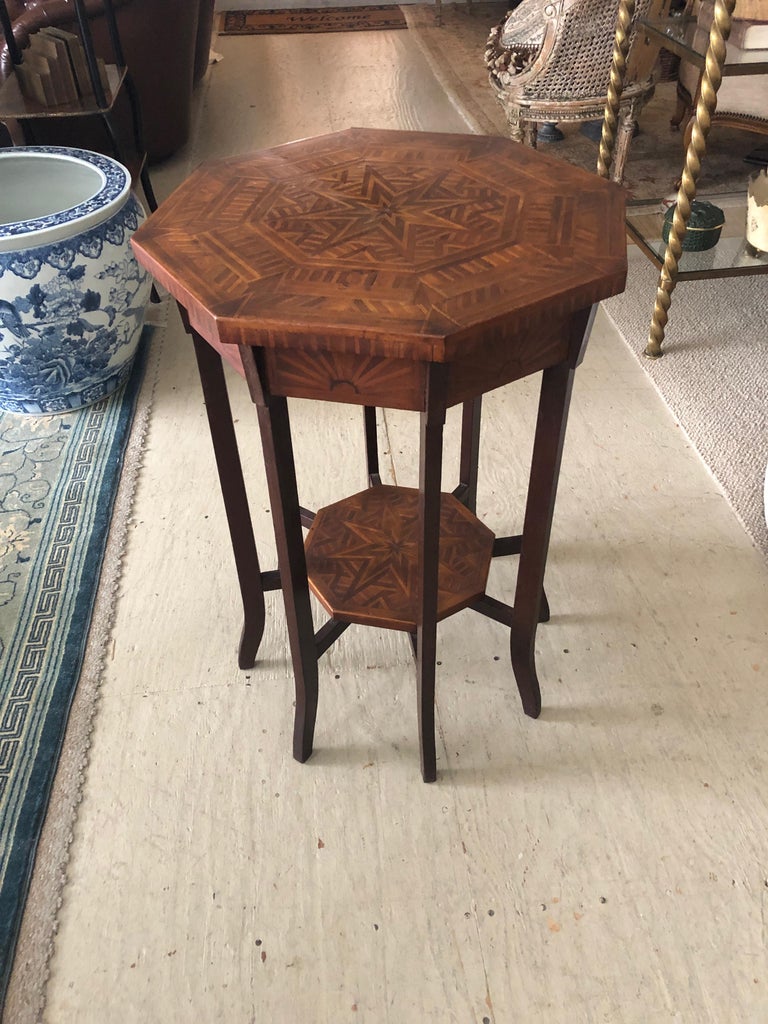 Elegant Antique Octagonal Side End Table with Inlaid Starburst Design