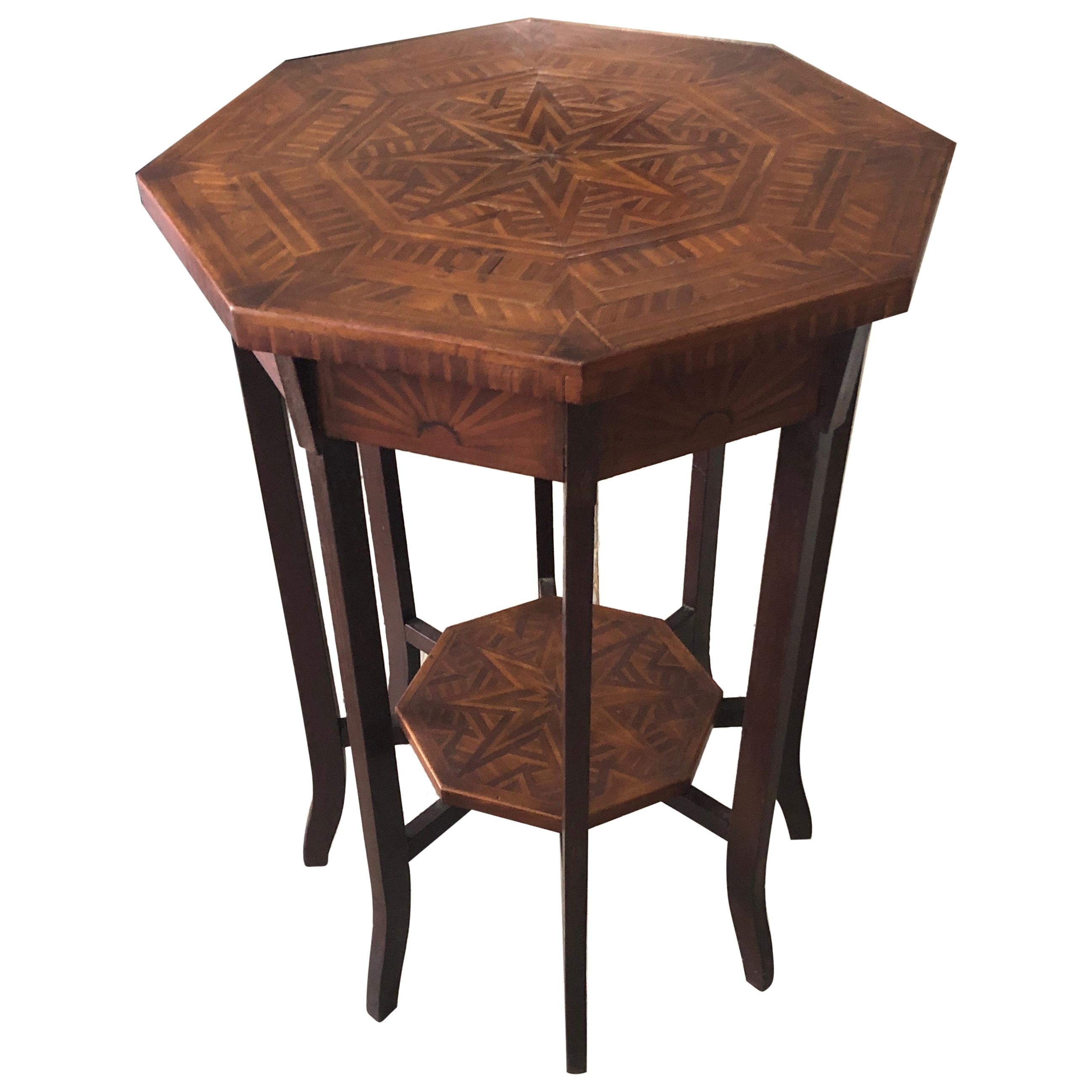 Elegant Antique Octagonal Side End Table with Inlaid Starburst Design