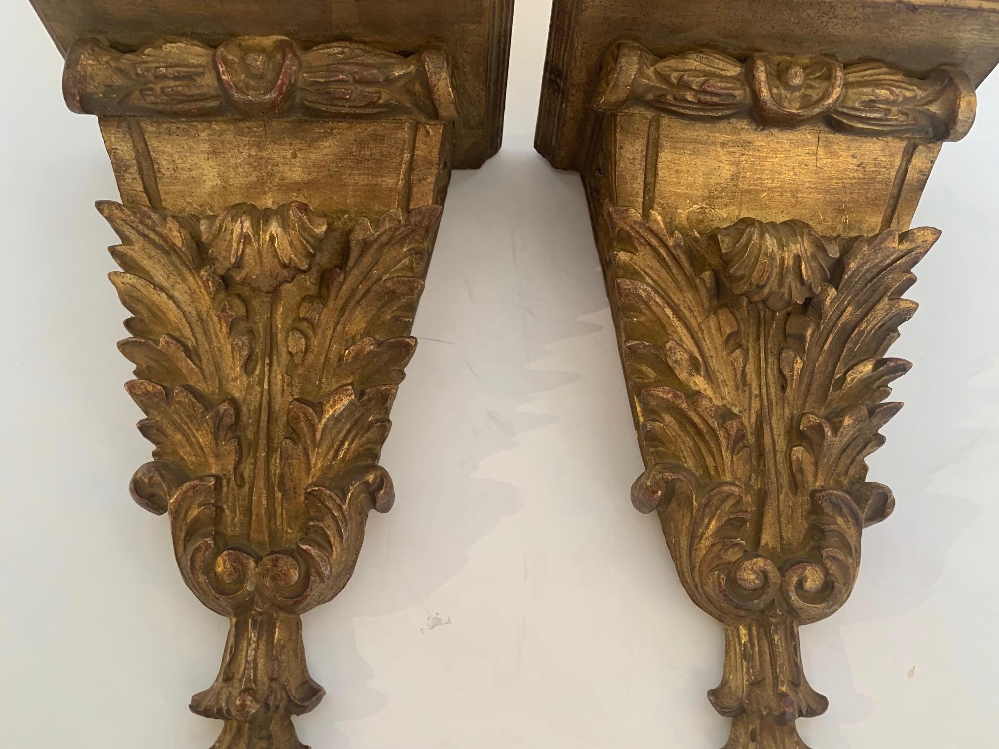 Wood Elegant Antique Pair of Carved and Gilded French Wall Brackets For Sale