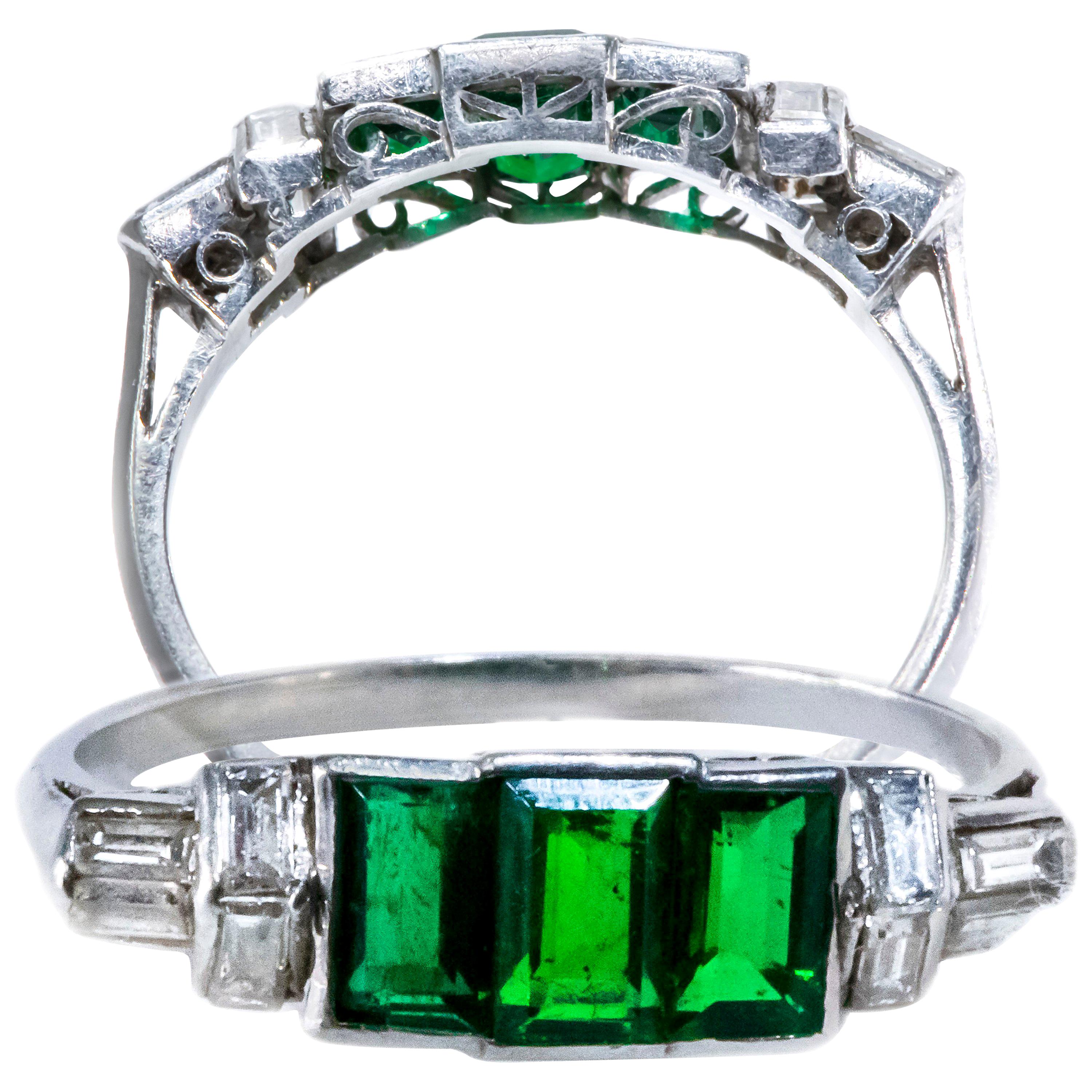 Elegant Art Deco 1920s Platinum 2 Ct Emerald Cut Emerald & Diamond Trilogy Ring