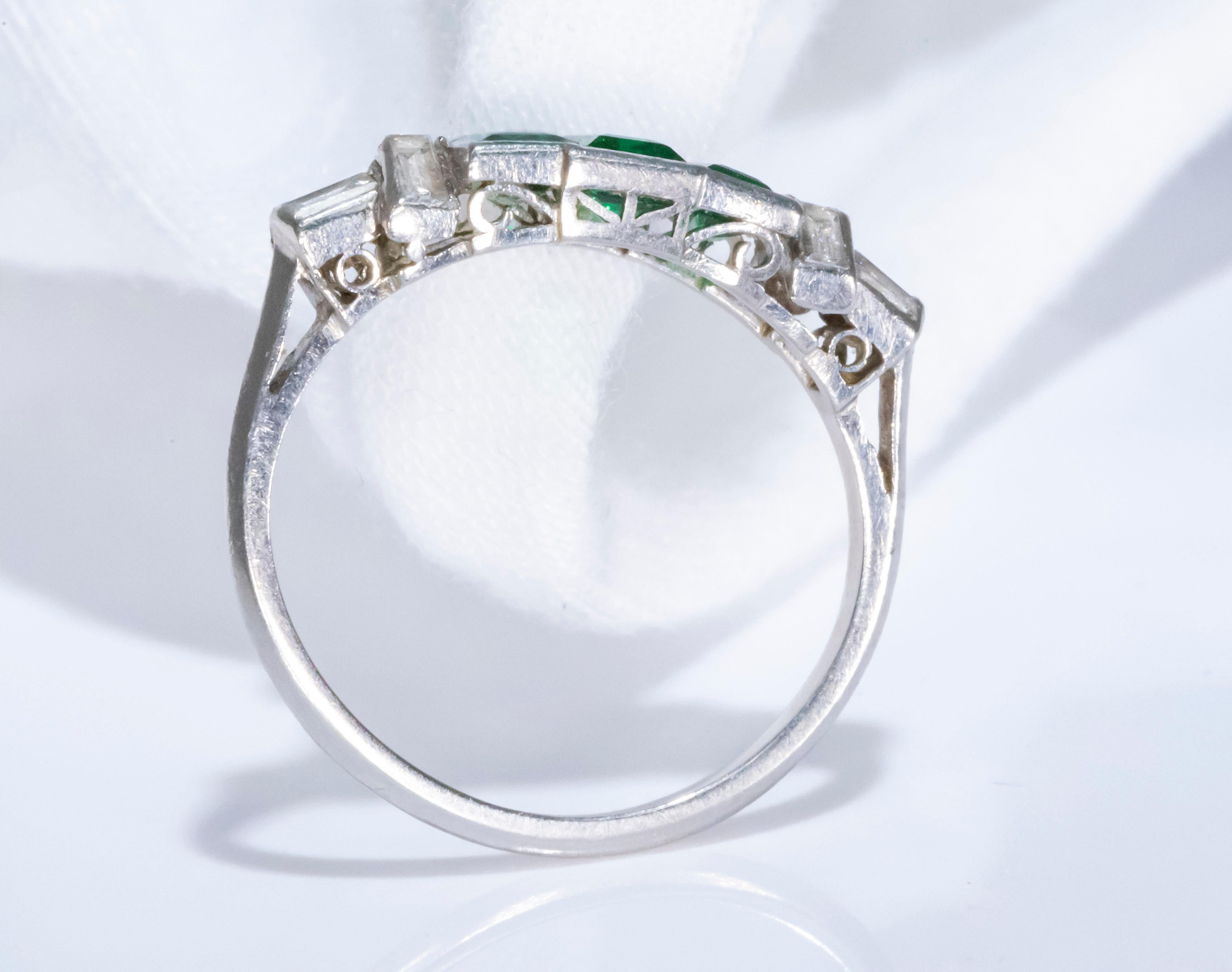 Elegant Art Deco 1920s Platinum 2 Ct Emerald Cut Emerald & Diamond Trilogy Ring 5