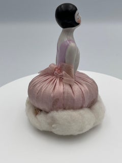 Elegant Art Deco 1920's Rose Pink German Porcelain Flapper Half Doll Vanity Puff