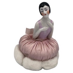 Elegant Art Deco 1920's Rose Pink German Porcelain Flapper Half Doll Vanity Puff