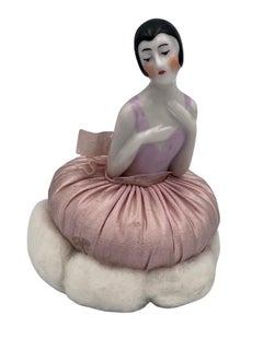 Elegant Art Deco 1920's Rose Pink German Porcelain Flapper Half Doll Vanity Puff