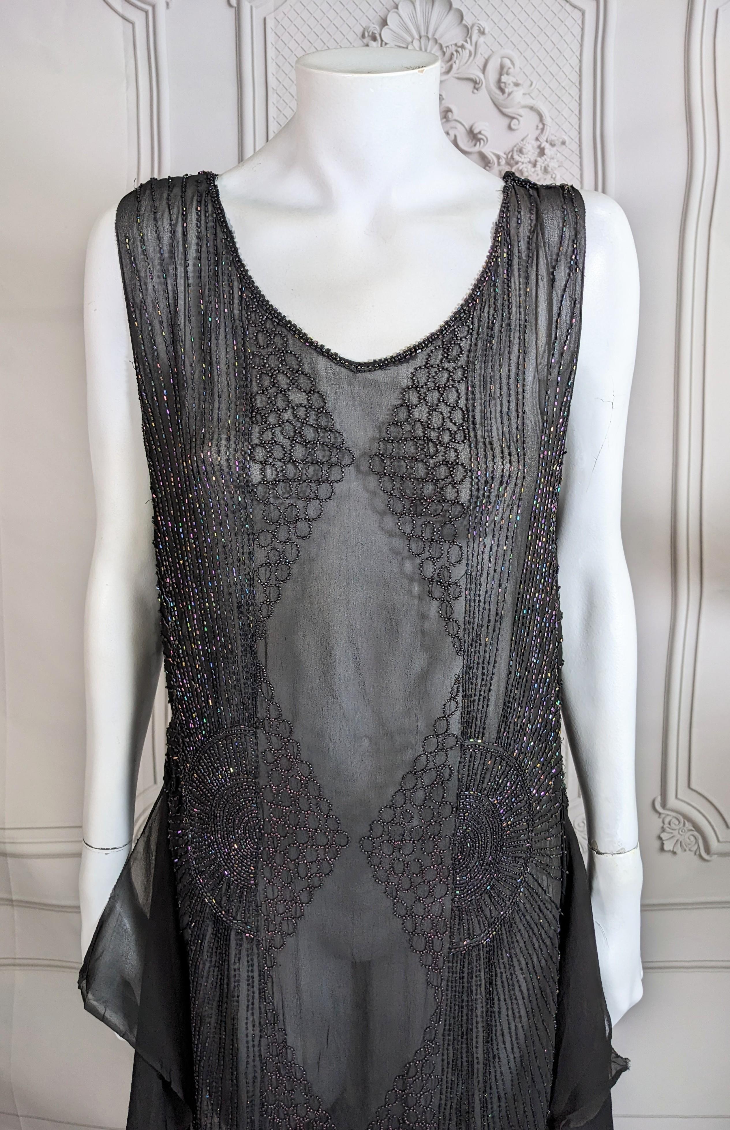 Black Elegant Art Deco Beaded Chiffon Tunic Dress For Sale