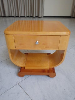 elegant Art Deco birch side table or nightstand u-shaped leg and drawer