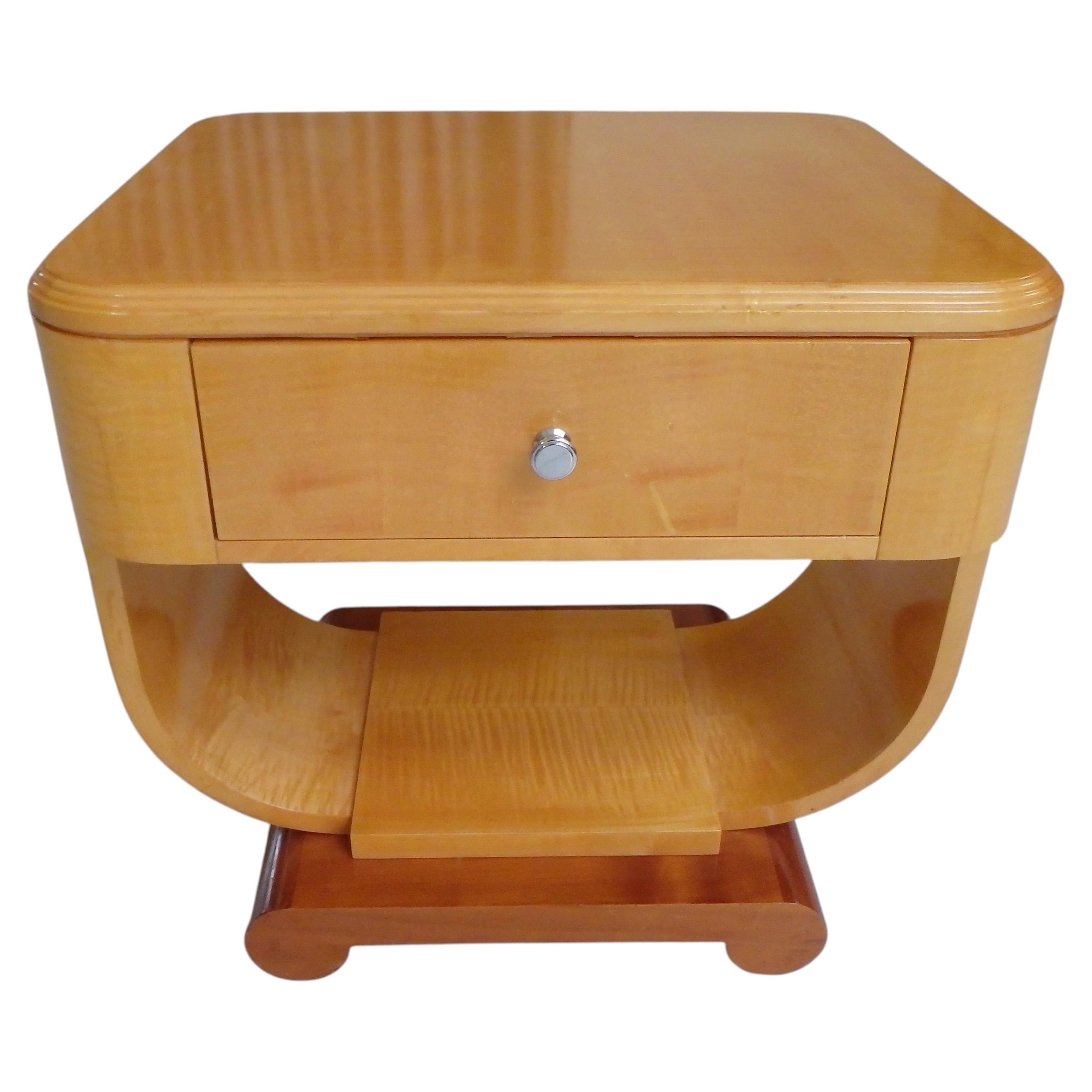 elegant Art Deco birch side table or nightstand u-shaped leg and drawer