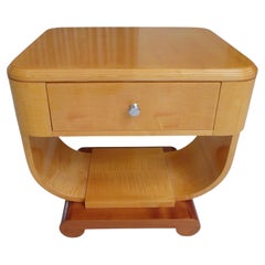 elegant Art Deco birch side table or nightstand u-shaped leg and drawer