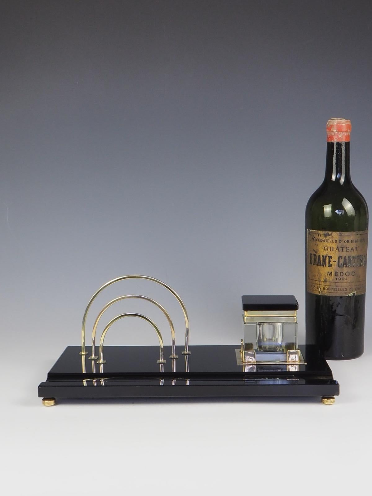 British Elegant Art Deco Black & Gold Desk Tidy