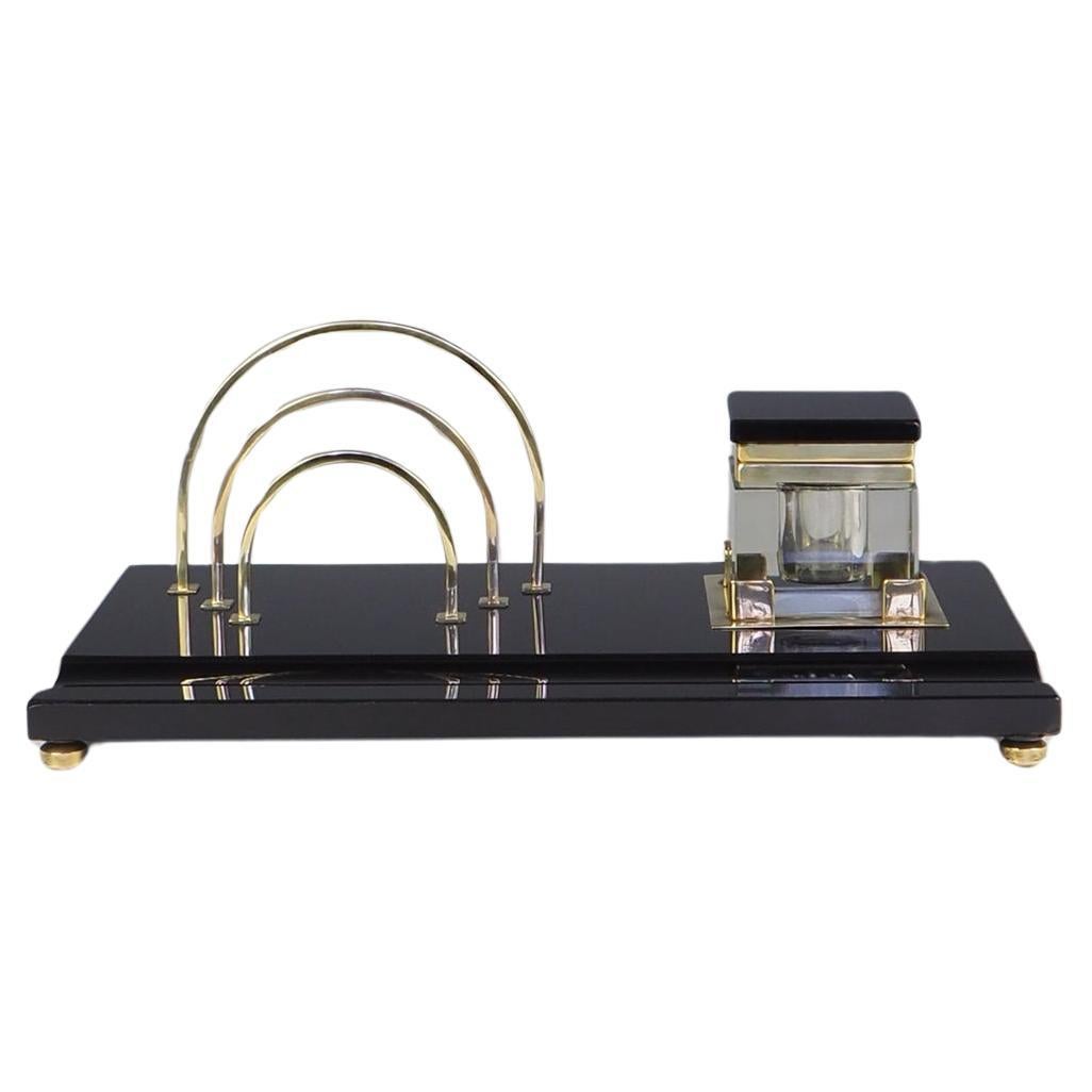 Elegantes schwarz-goldenes Art Deco-Schreibtischregal im Angebot