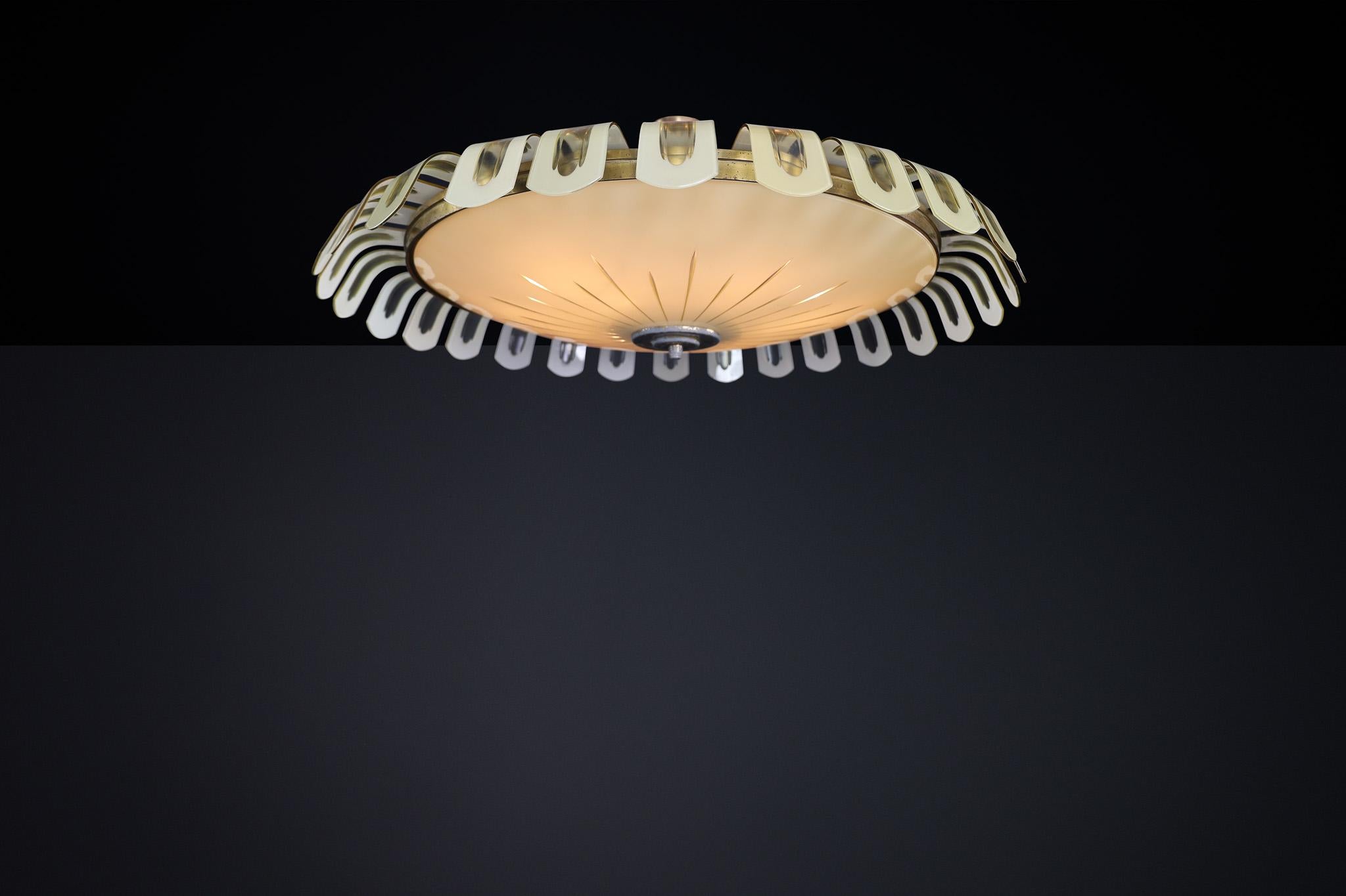 Mid-20th Century Elegant Art Deco Brass and Green Opaline Glass Chandelier, Germany 1930s For Sale